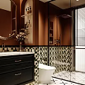 Modern Bathroom Interior With Black Vanity Marble Countertop Round Mirror And Mosaic Tile Wall