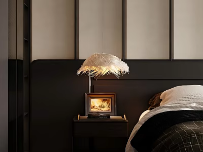 Modern Black Nightstand With Table Lamp Photo Frame And Feather Pendant Light Near Bed 3d model