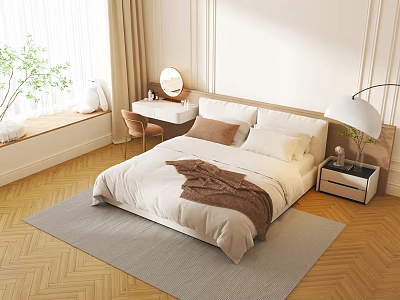 Modern Bedroom Double Bed With Beige Bed Sheets Brown Blanket Bedside Table And Green Plant 3d model
