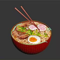 Delicious Ramen In Red Bowl With Soft Boiled Egg Pork Slice And Green Vegetables