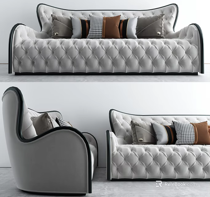 Elegant Light Gray Tufted Multi Seat Sofa With Black Trim And Throw Pillows 3d model