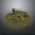 Wood and Stone Craft Scene Featuring Barrel Fence Bench Saw and Tree Stump