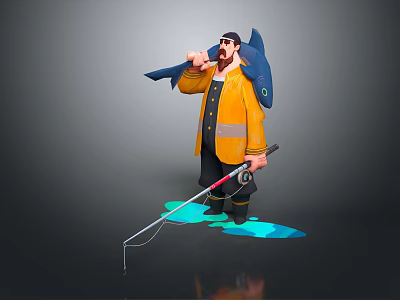 Bearded Male Fisherman in Yellow Jacket Carrying Big Blue Fish and Holding Fishing Rod 3d model