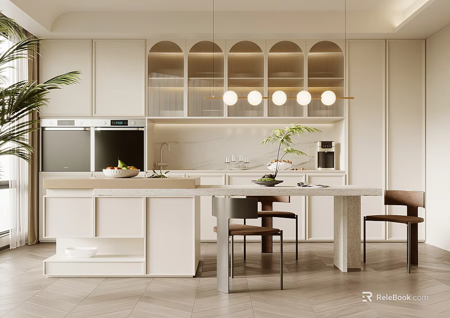 Modern Restaurant Interior With Arch Cabinets Dining Table Chairs Pendant Lights And Plants 3d model 