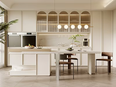 Modern Restaurant Interior With Arch Cabinets Dining Table Chairs Pendant Lights And Plants 3d model