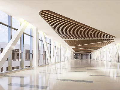 Elevator Lobby With Spacious Design Large Glass Windows White Frames Wooden Slatted Ceiling Bright Lighting 3d model