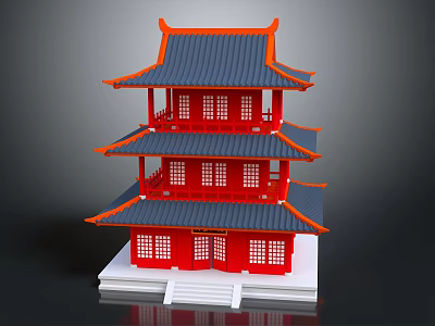 Cartoon Scene Traditional Chinese Three Story Tower With Red Body Blue Roof And Orange Decorations 3d model