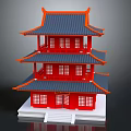 Cartoon Scene Traditional Chinese Three Story Tower With Red Body Blue Roof And Orange Decorations