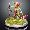 Green Skinned Pink Haired Pointed Ears Fantasy Character Standing Holding Sword With Tail on Grass Stone Base