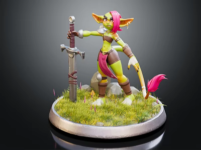 Green Skinned Pink Haired Pointed Ears Fantasy Character Standing Holding Sword With Tail on Grass Stone Base 3d model