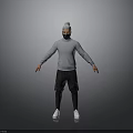 Man in Gray Turtleneck Sweater Black Mask Standing Black Pants White Shoes on Gray Background