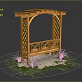 Wooden Pergola With Lattice Sides and Bench Surrounded by Green Plants and White Gravel