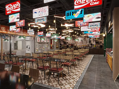 Vibrant Restaurant Interior With Hanging Coca-Cola Signs HiPPO Banners And Tables Chairs 3d model