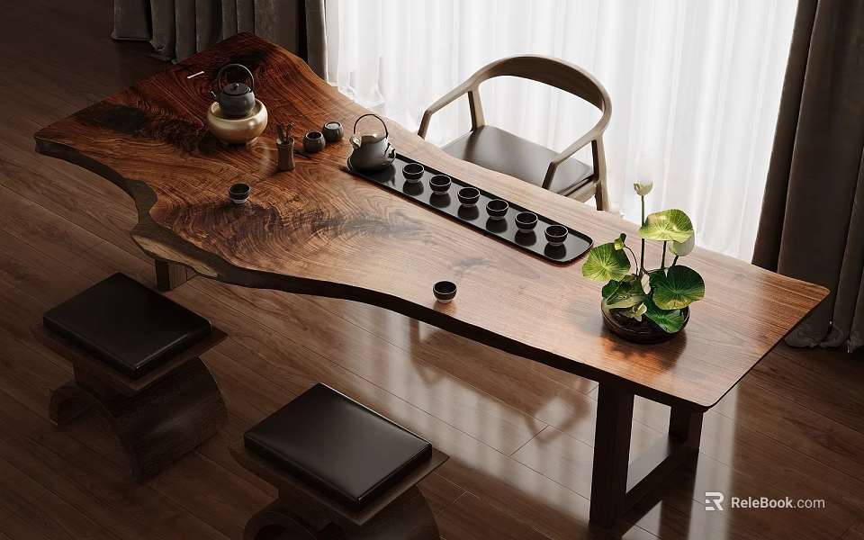 Wooden Tea Table and Chairs with Simple Design Tea Set Tray Green Plant Natural Light 3d model 