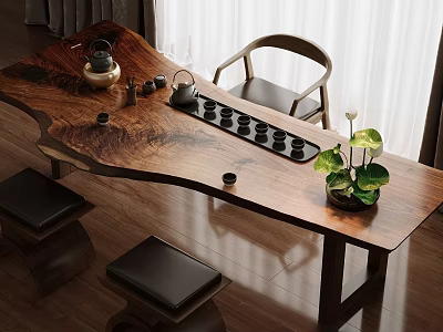 Wooden Tea Table and Chairs with Simple Design Tea Set Tray Green Plant Natural Light 3d model