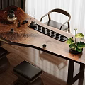 Wooden Tea Table and Chairs with Simple Design Tea Set Tray Green Plant Natural Light