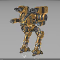 Orange Black Mechanical Robot With Weapon Arms Standing Pose Metallic Surface and Reflective Base 3d model