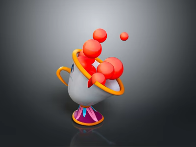 Playful White Cup With Orange Rim Yellow Handle Purple Pink Base Overflowing Red Balls 3d model