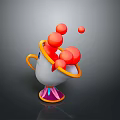 Playful White Cup With Orange Rim Yellow Handle Purple Pink Base Overflowing Red Balls