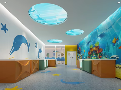 Kids Underwater Theme Swimming Pool Interior With Round Skylights Dolphin Decorations And Colorful Walls 3d model