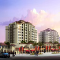 Scenic Modern Residential Buildings With Palm Trees Pond Lawn Pavilion And Fountain