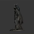 Horned Winged Woman With Long Black Hair Holding Flame Staff On Skull Base