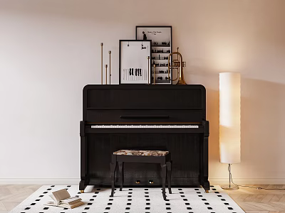 Black Piano with Stool Sheet Music Framed Artwork and Floor Lamp on Polka Dot Rug 3d model
