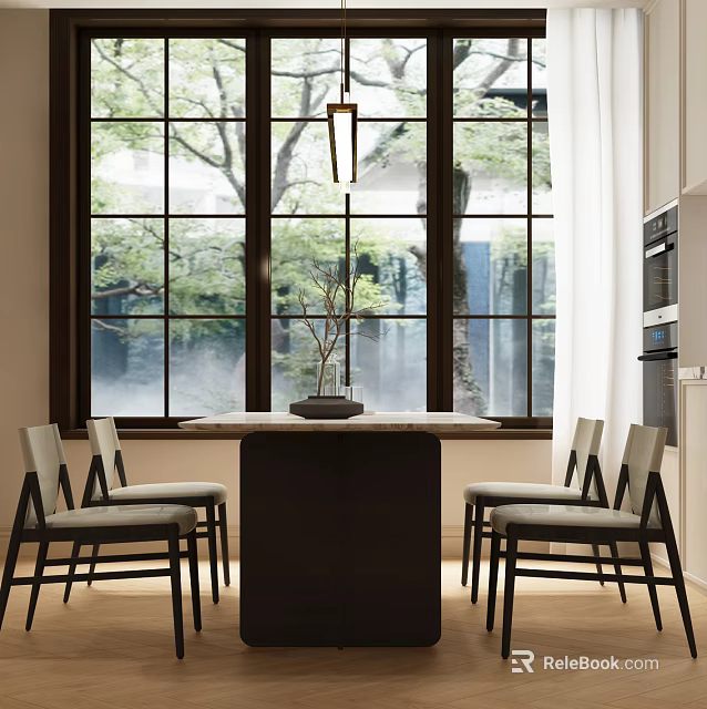 Bright Restaurant Interior With Large Windows Trees Outside Pendant Light Dining Table And Chairs 3d model 