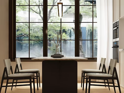 Bright Restaurant Interior With Large Windows Trees Outside Pendant Light Dining Table And Chairs 3d model