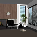 Leisure Chair In Cozy Living Room With Wooden Wall Fireplace Floor Lamp And Potted Plant
