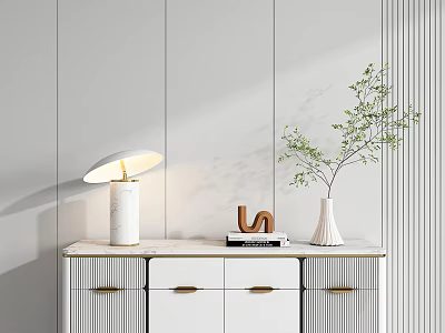 Elegant Decorative Ornament Collection With Table Lamp Letter Vase Books On Marble Countertop White Cabinet 3d model