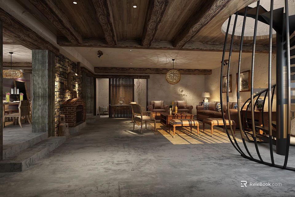 Rustic Living Room Interior With Wooden Ceiling Stone Walls Sofa And Vintage Chandelier 3d model 