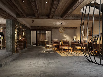 Rustic Living Room Interior With Wooden Ceiling Stone Walls Sofa And Vintage Chandelier 3d model