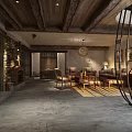 Rustic Living Room Interior With Wooden Ceiling Stone Walls Sofa And Vintage Chandelier