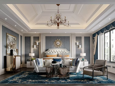 Elegant Bedroom Interior With Blue Walls Chandelier Large Bed Upholstered Headboard And Area Rug 3d model