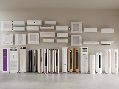 Air Conditioner Fan Various Types Wall Mounted And Standing Models Neatly Arranged 3d model