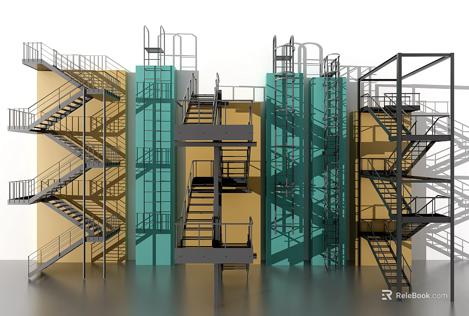 Modern Metal Staircases With Railing And Steps Against Yellow Blue Walls 3d model 
