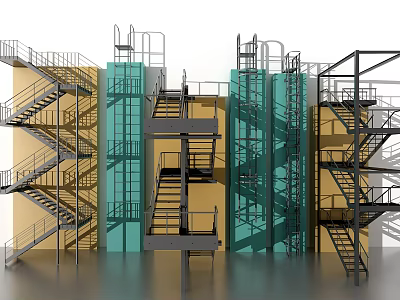 Modern Metal Staircases With Railing And Steps Against Yellow Blue Walls 3d model