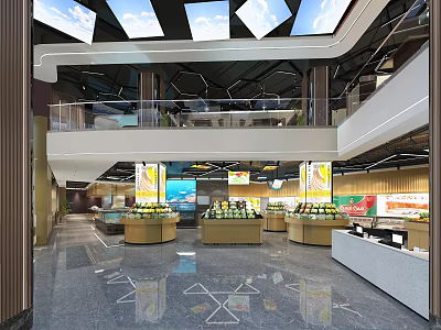 Spacious Supermarket Department Store Interior With Fresh Produce Shelves And Bright Lighting 3d model