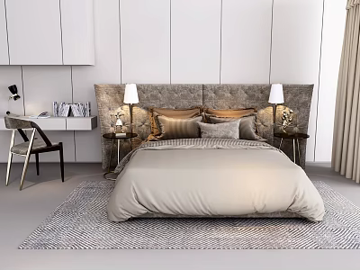 Stylish Double Bed in Bedroom with White Striped Wall Bedside Tables Lamps and Light Bedding 3d model