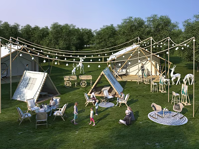 Lush Green Camping Site with Tents String Lights and Outdoor Seating for Activities 3d model