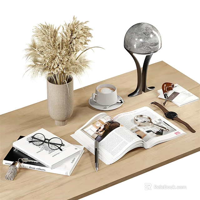 Elegant Decorative Ornament Combination on Wooden Table with Vase Coffee Cup Lamp Magazine and Watch 3d model 