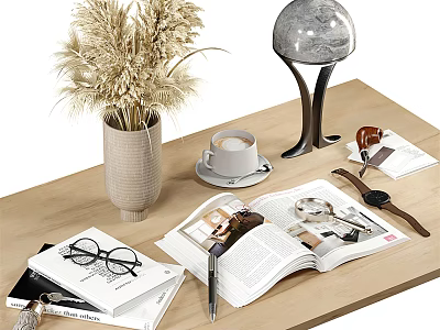 Elegant Decorative Ornament Combination on Wooden Table with Vase Coffee Cup Lamp Magazine and Watch 3d model
