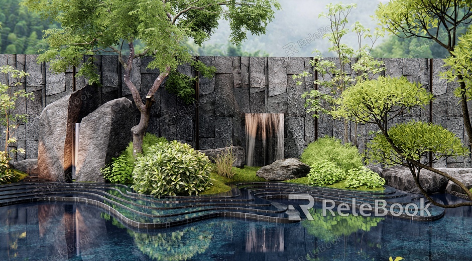 Zen curve flowing water waterscape falling water landscape rockery waterscape water bowl stone plant landscaping landscape tree shrub model