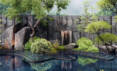 Zen curve flowing waterscape falling water landscape rockery waterscape water bowl stone plant landscaping landscape tree shrub 3d model