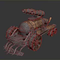 Steampunk Vehicle With Metal And Wooden Structure Front Spikes Multiple Cannons On Top Metallic Wheels