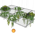 Modern Ceiling Design With Grid Structure Hanging Green Plants And Orange Pendant Lights