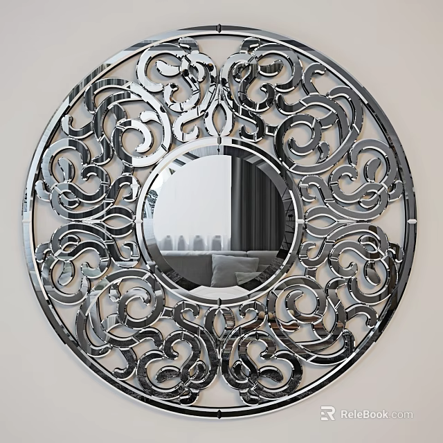 Circular Decorative Mirror with Intricate Metallic Scroll Cutout Design Reflecting Modern Room Interior Elements 3d model 