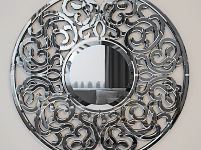 Circular Decorative Mirror with Intricate Metallic Scroll Cutout Design Reflecting Modern Room Interior Elements 3d model