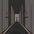 Modern Elevator Hallway Interior Design With Circular Wall Lamps Wooden Panels And Carpeted Floor